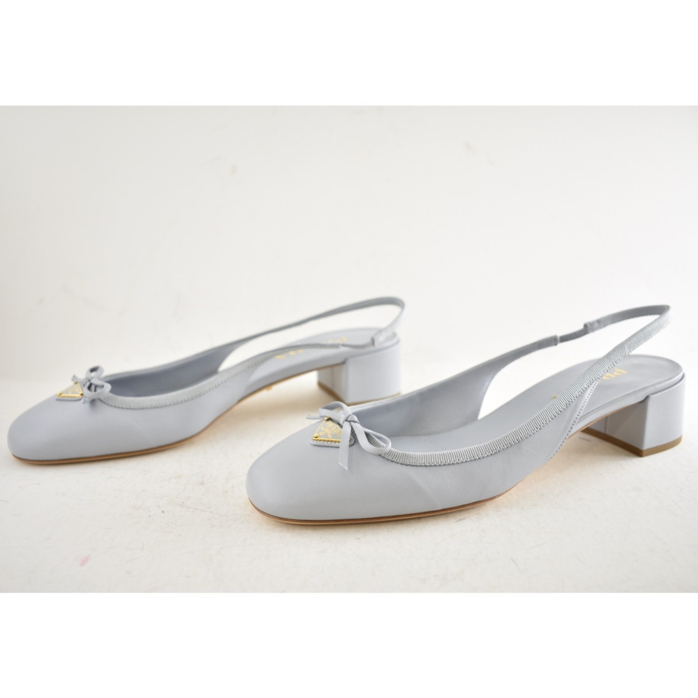 Prada Grey Blue Triangle Logo Bow Ballerina Mule Block Heel Slingback Pump 39.5 - Picture 13 of 15